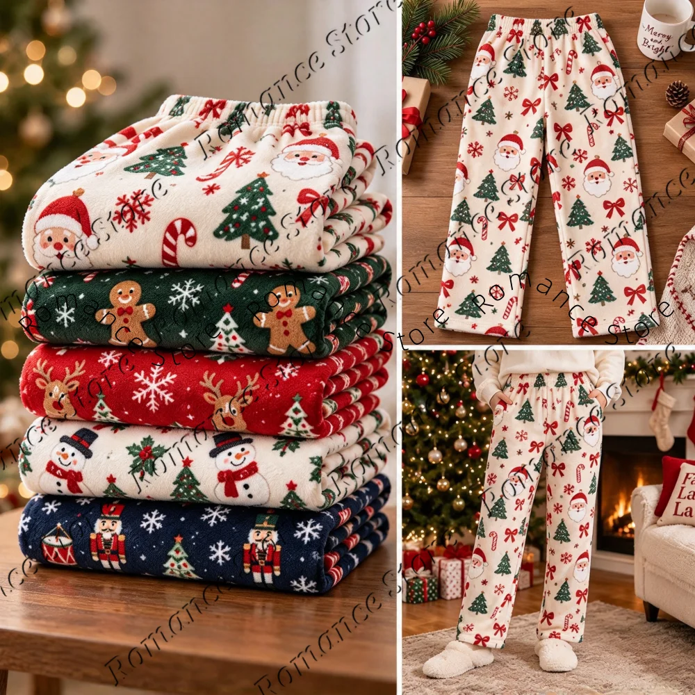 Christmas Element Print Flannel Pajama Pants for Women Soft Warm Flannel Sleep Trousers Santa Reindeer Gingerbread Home Pants