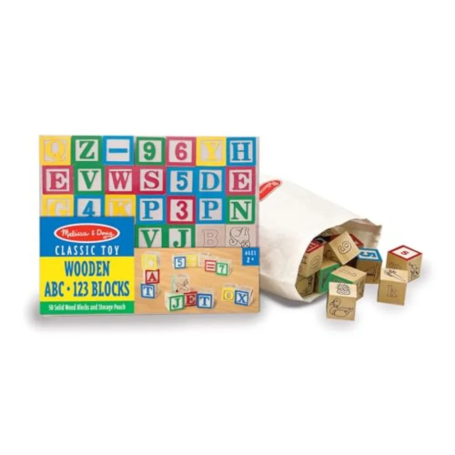 Melissa Doug Deluxe Juego de bloques de madera ABC 123 de 1 pulgada con bolsa de almacenamiento 50 piezas de bloques de construcción educativos para niños pequeños y pres