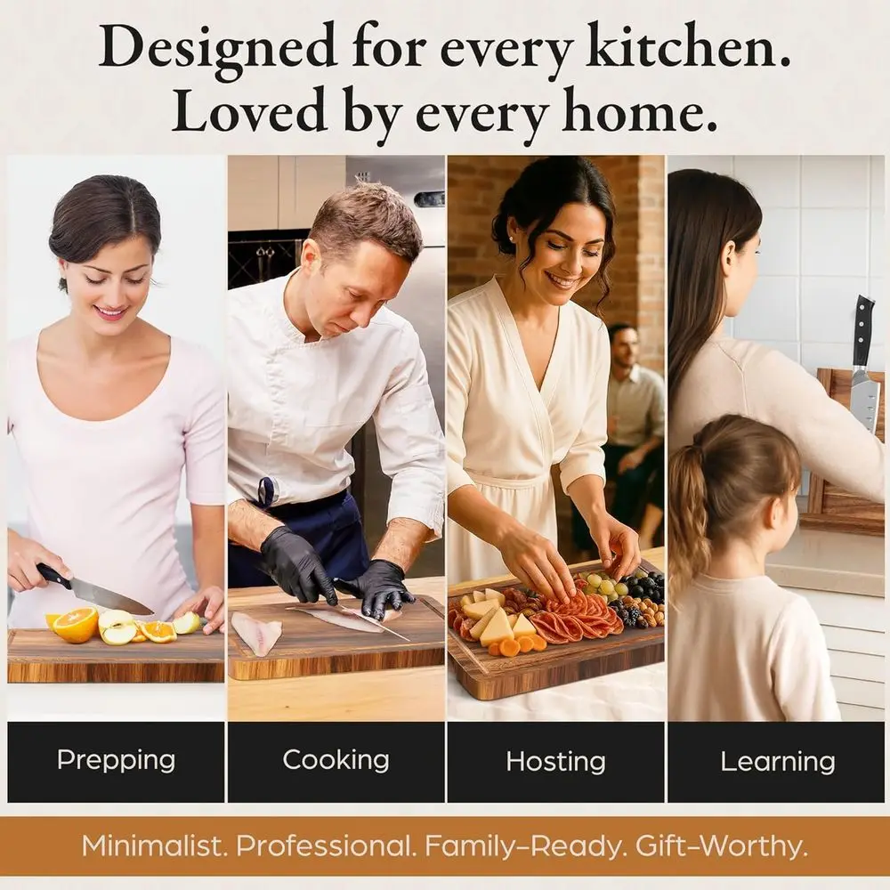 แท่นวางมีดแม่เหล็กไม้สองด้าน พร้อมเขียงไม้กระถินเทศขนาด 14x10 นิ้ว และที่ลับมีด