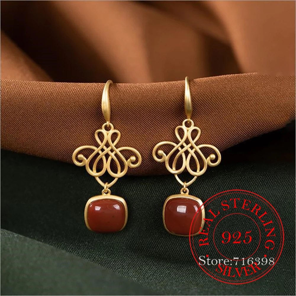 

925 Sterling Silver Jewelry 18K Gold Plated Geometric Square Red Agate Drop Earrings for Women Wedding Party Jewelry Friend Gift