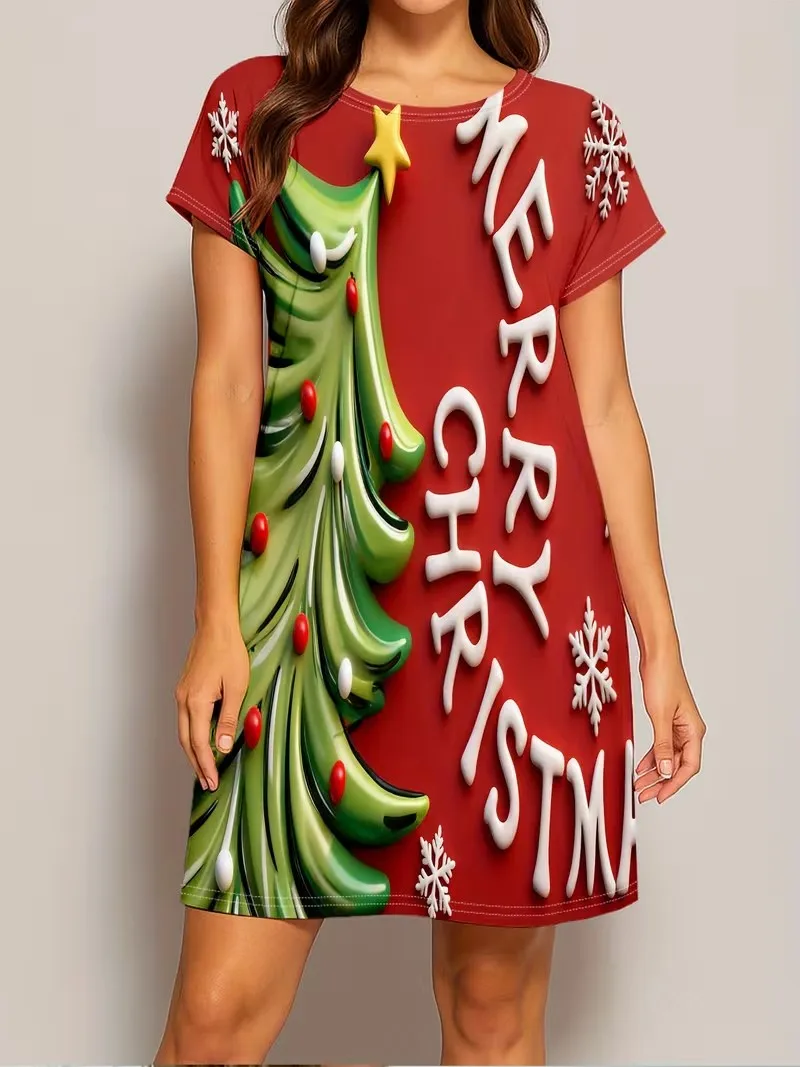 Ladies' Christmas Party Dress 3D Christmas Tree Christmas Gift Print Dress Round neck Short Sleeve Casual A-line Mini Dress