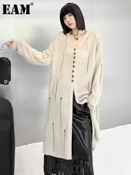 [EAM] Apricot Hollow Out Big Size Long Knitting Cardigan Sweater V-Neck Long Sleeve Women New Fashion Tide Spring Autumn 2024