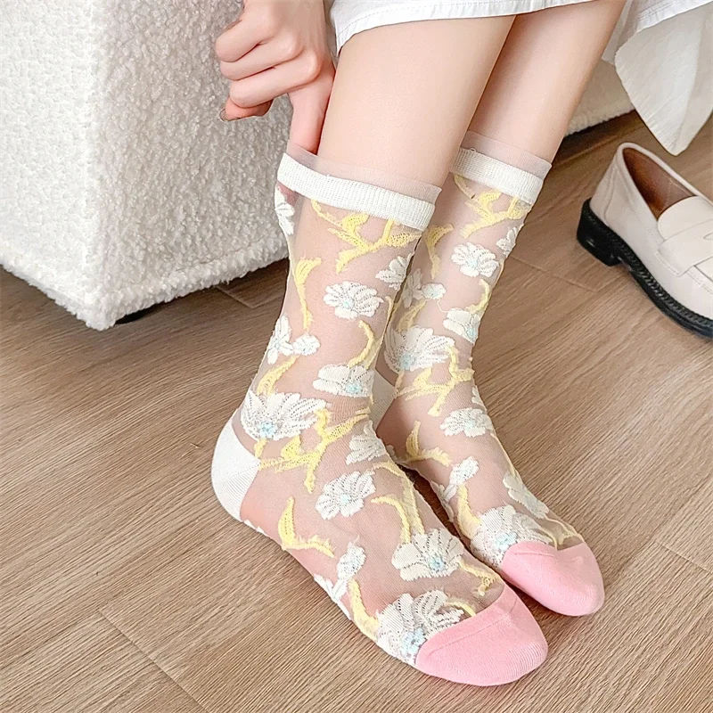 Socken Für Frauen Koreanischen Stil Süße Mädchen Floral Dünne Socken Atmungsaktive Weiche Bequeme Gemischte-farbe Spitze Nette Transparente Socken