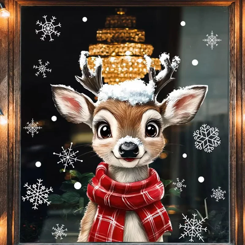 1pc Christmas Scarf Snowflake Reindeer Window Sticker Static Cling Waterproof Decal for Bedroom Living Room Home Holiday Decor