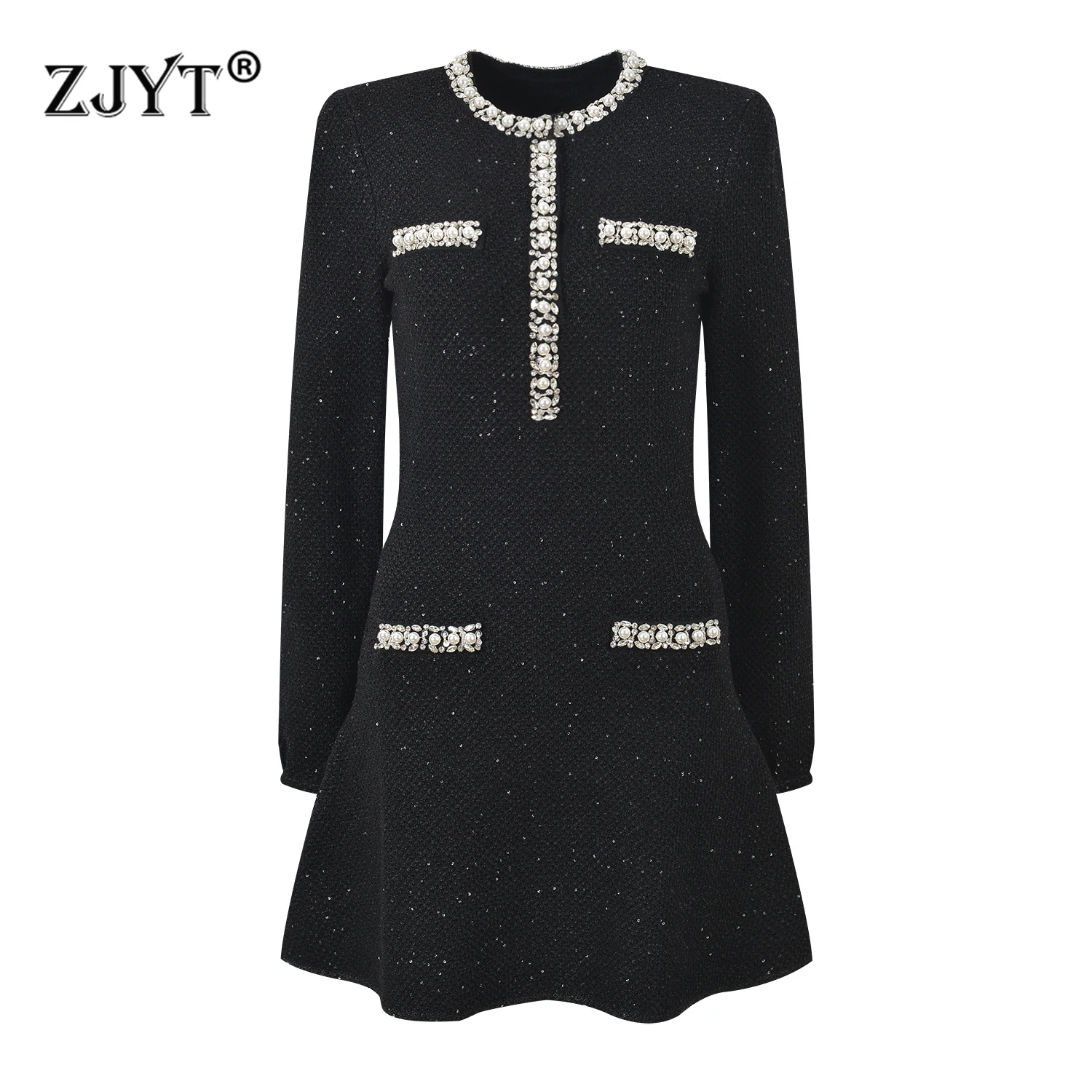 

ZJYT Autumn Winter Women's Beading Knitting Sweater Dresses 2025 Elegant Long Sleeve Luxury Party Dress White Black Vestidos