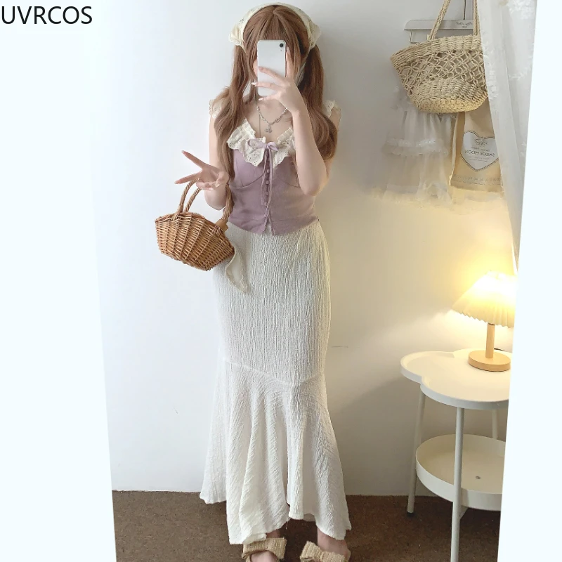 Summer Sweet Lolita Style ruffles Lace Camis Tops Women Button bandage Kawaii Crop Tanks Cute Slim Vest Girls Aesthetic Clothes