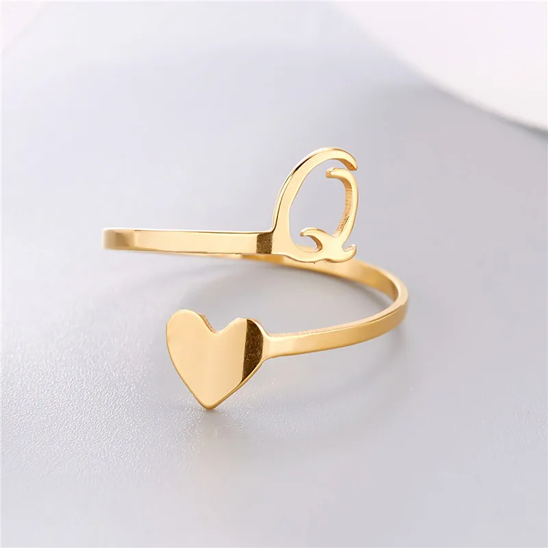 Rinhoo Stainless Steel Initial A-Z Letters Open Adjustable Rings For Women Men Fashion Letter Name Ring Party Birthday Jewelry