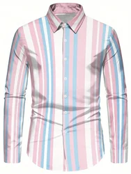 2024 Autumn and Winter New Pink Striped Men's Party Tops Comfortable Soft Luxury Outdoor Street Tops Button Lapel Plus Size 6XL