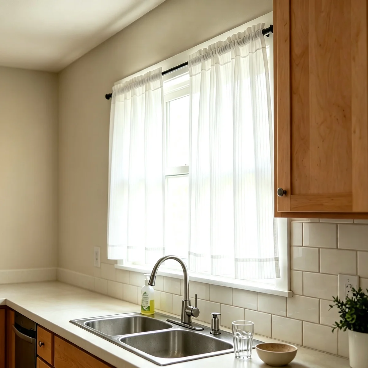 Vertical Stripe White Light Filter Sheer Curtains, Short Rod Pocket Transparent Voile for Household Small Windows