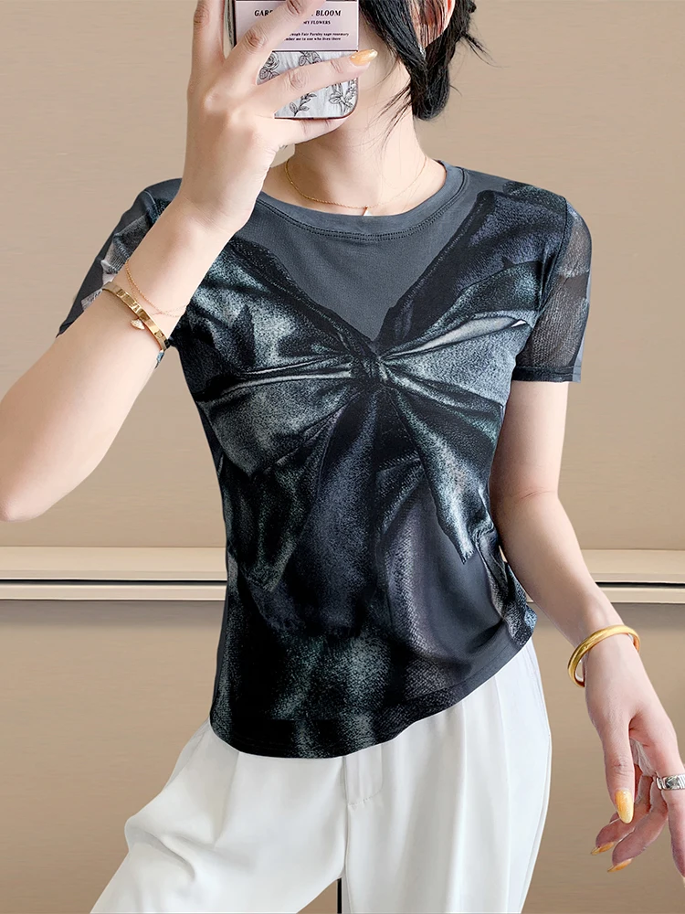 

Faionable round Ne ort Sve T-irt Women Summer Slim Fit Me Print Top Korean Sle Creative Geometric Design irt