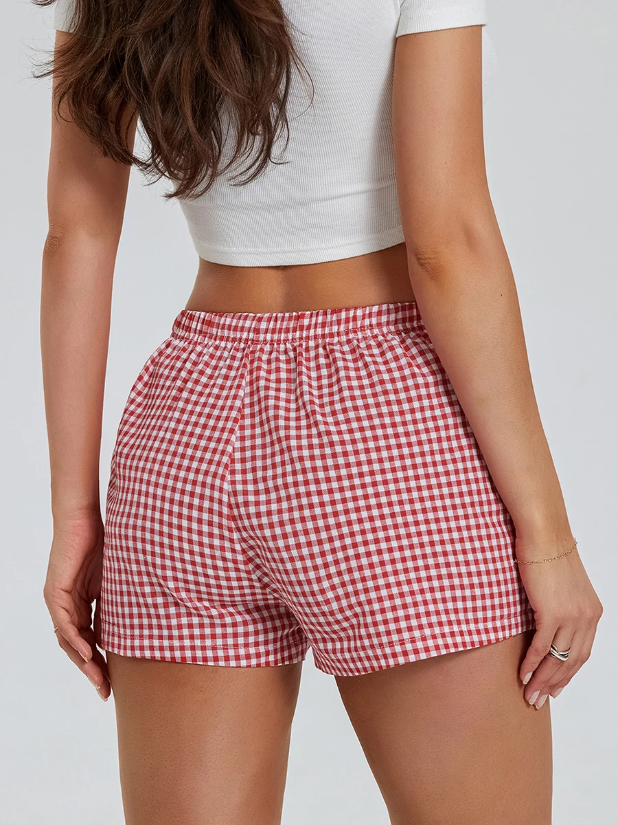 Women Plaid Print Shorts Summer Casual Elastic Low Waist Short Pants Button Front Lounge Shorts Boxers for Streetwear Daily Life