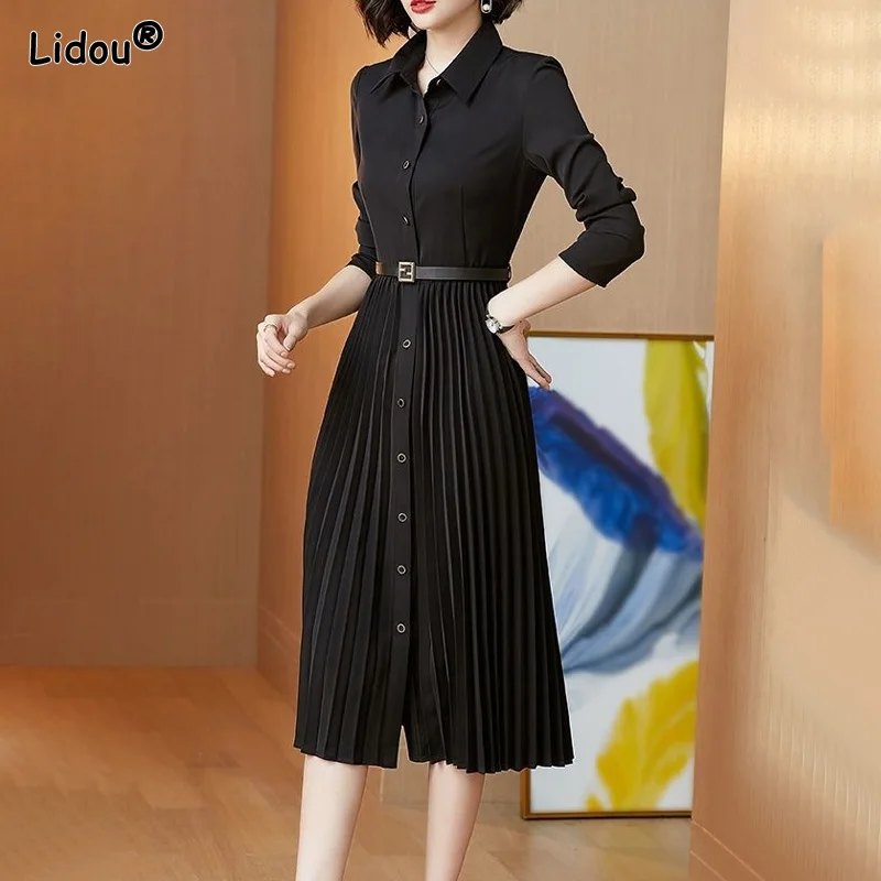 

Fashion Autumn New Black Long Sleeved Slim Office Lady Dress Slender Elegant Popularity Empire Solid Color Women's Clothing 2022