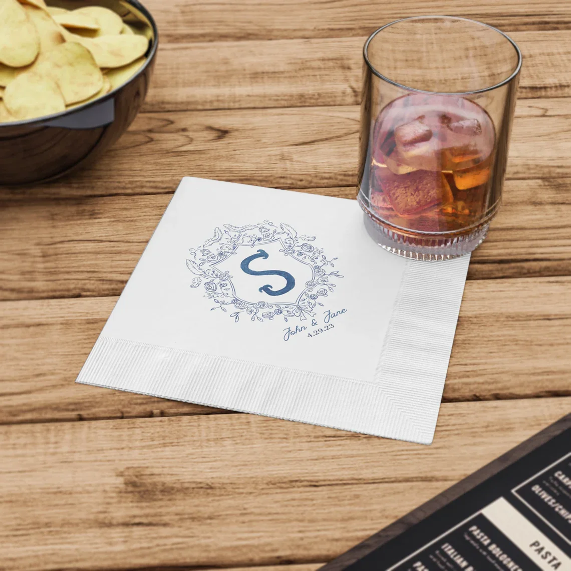 50pcs Custom Cocktail Napkins, Chinoiserie Napkins, Wedding Napkins, Dinner Guest Napkins, Custom Napkins With Logo, Custom Cres