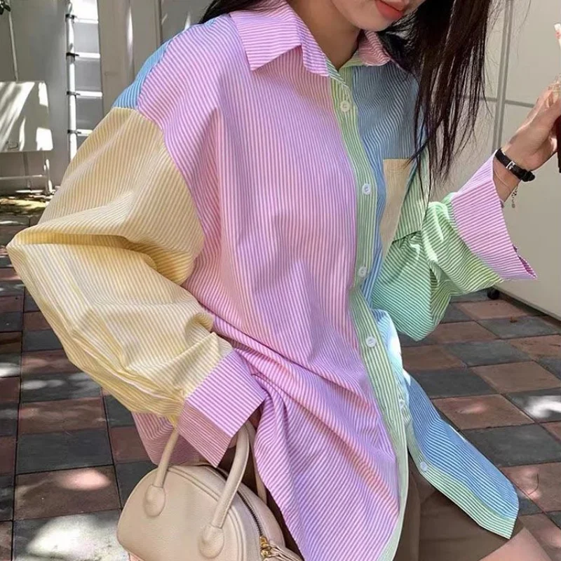 Striped Shirts for Women Patchwork Design Sweet Young Girlish Camisas Mujer Spring Casual Korean Style Fashion All-match Daily