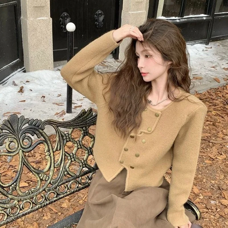 French Style Irregular Knitted Cardigan Women 2025 Spring Autumn Fashion New Double Breasted Chic Elegant Long Sleeve Outerwear