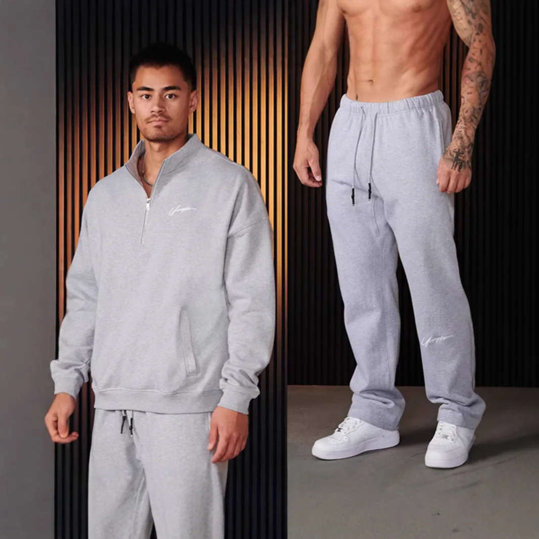 Men's Fitness Casual Sweatshirt Pants Set round Neck Long Sleeve Autumn Winter Cotton Comfortable Two-Piece Sportswear