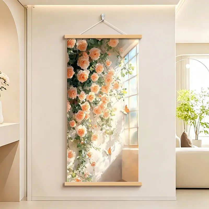 Wall Art Cream Floral Bouquet Pearlescent Canvas Hanging Scroll with Wooden Rods for Cozy Entryway Hallway and Living Room