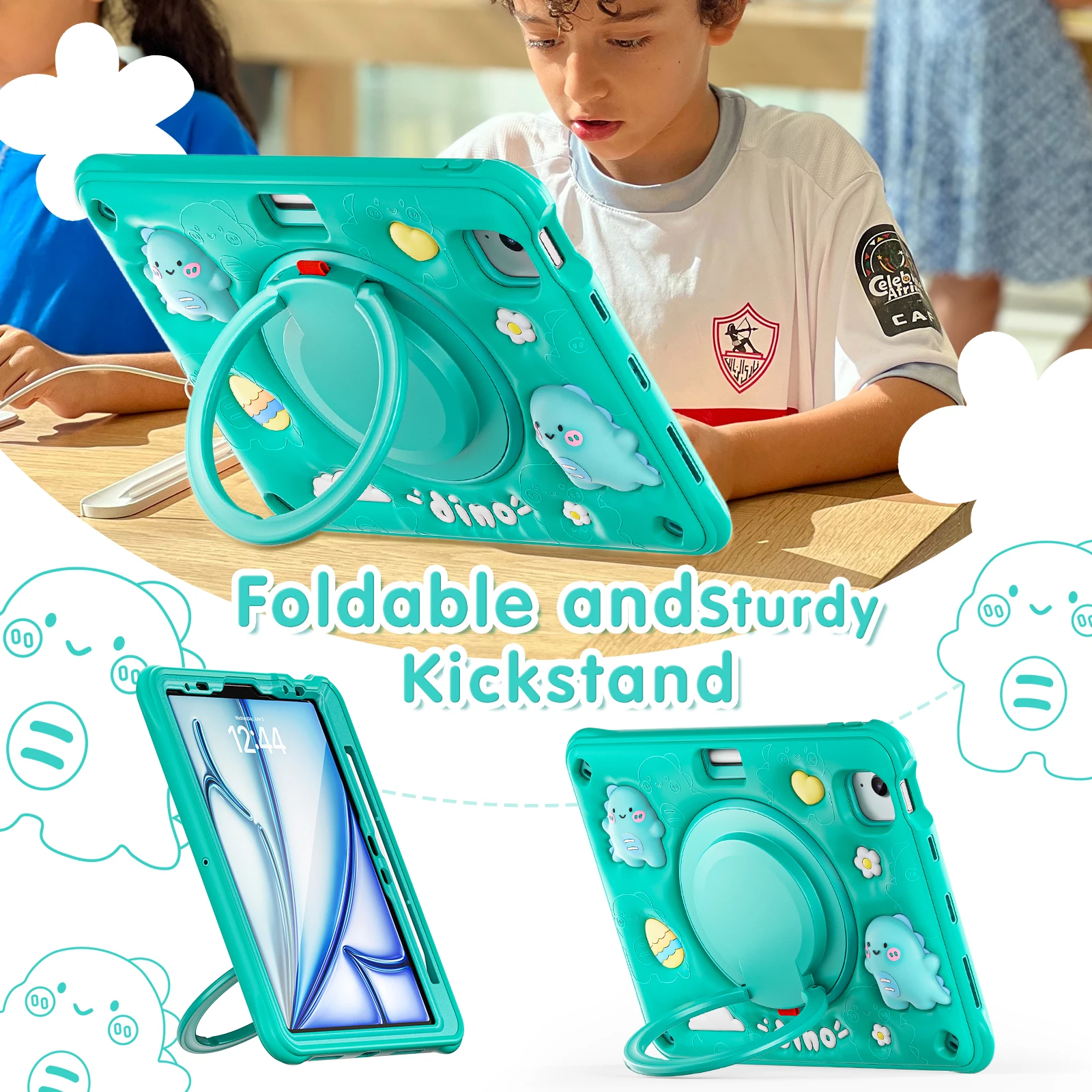 Casing hibrida dapat diputar 360, sarung HP untuk iPad Air 11 2024 Pro11 2018 2022 Air 4 5 10.9 tugas berat dengan pegangan kartun anak-anak