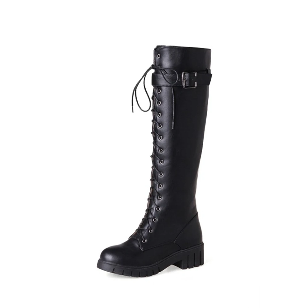 Botas De Mujer 2023 Knee -High Boots Women Elegant Fashion Round Toe Cross Strap Ladies Black Platform Shoes Big Size 45 46 17-3