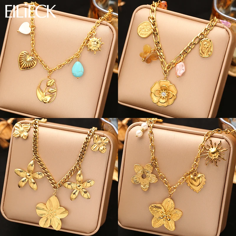 

EILIECK 316L Stainless Steel Metal Flowers Pendant Necklace For Women New Gold Color Handmade Neck Chain Waterproof Jewelry Gift