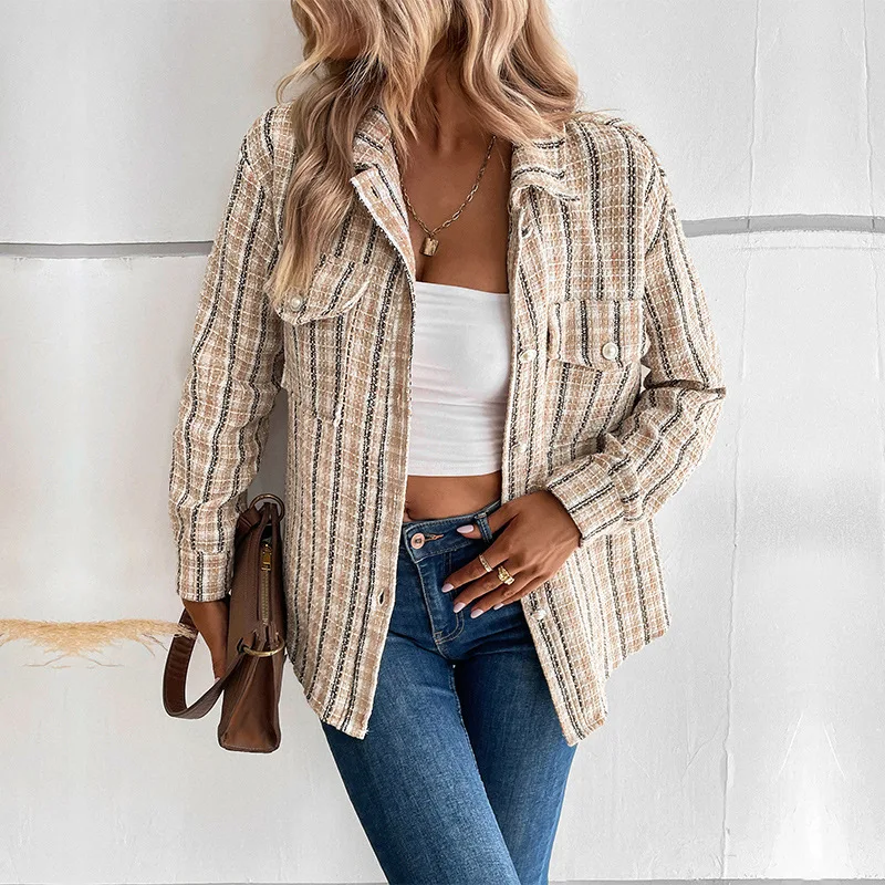 Vintage Plaid Jackets Women Clothes Autumn Winter Coat Long Sleeve Turn Down Collar Button Jacket Ladies Casual Outwear Coats