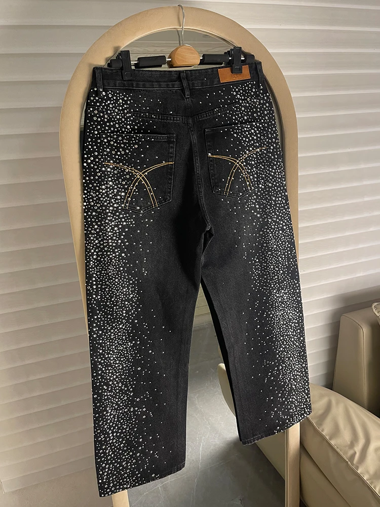 Fashion Hot Diamond Full Diamond Flash Chic Jeans Men Women 2025 Summer New Trendy Niche Design Loose Straight Wide Leg Trousers