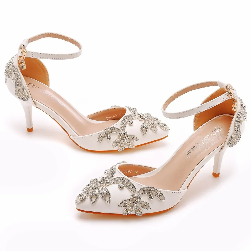 7cm large slim heel pointed rhinestone high-heeled sandals, white foreign trade high-heeled shoes, wedding shoes