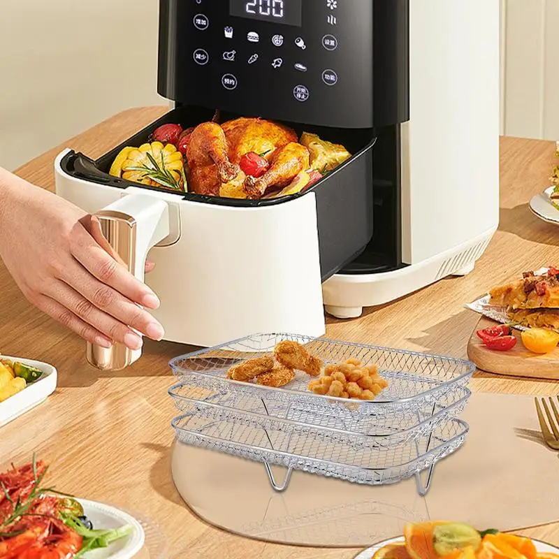 Stainless Steel Mesh Basket Oven Grill Basket Air Fryer Tray Air Fryer 9-piece Set 3 Floors Oven Basket With Clip And Oil Brush