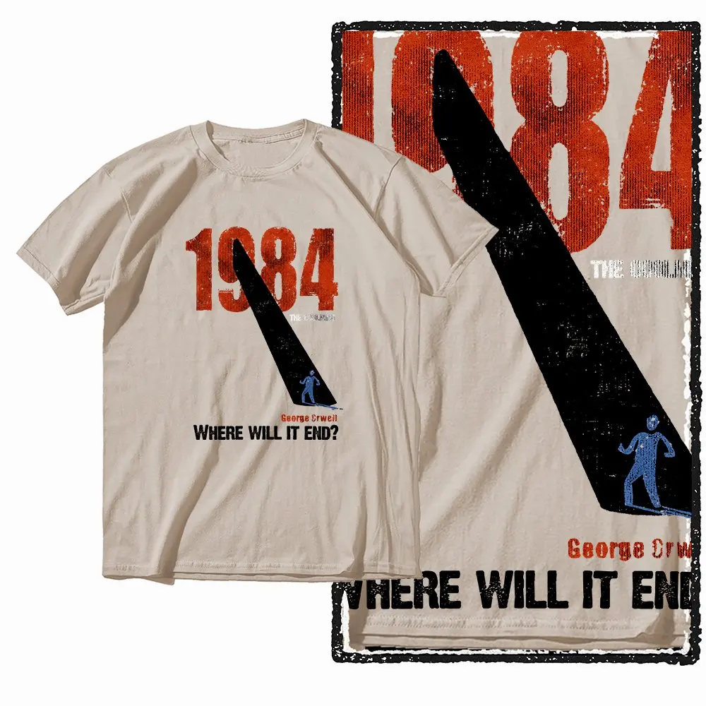 G01 Beige Baumwolle Big Size 1984 Grafik-T-Shirt für Herren |   Streetwear Cooles Vintage O-Neck Herren-T-Shirt