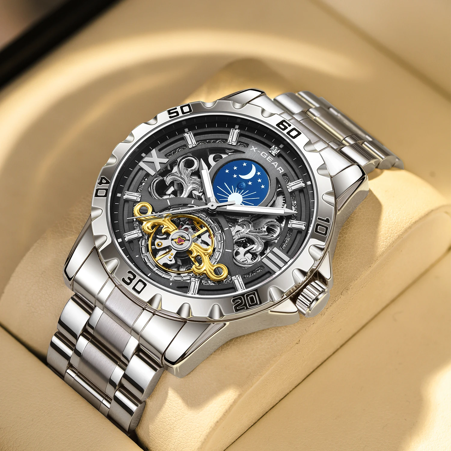 X-GEAR Men's Skeleton Starry Moon Phase Tourbillon Automatic Mechanical Watch — Water-Resistant Luminous Steel Edition