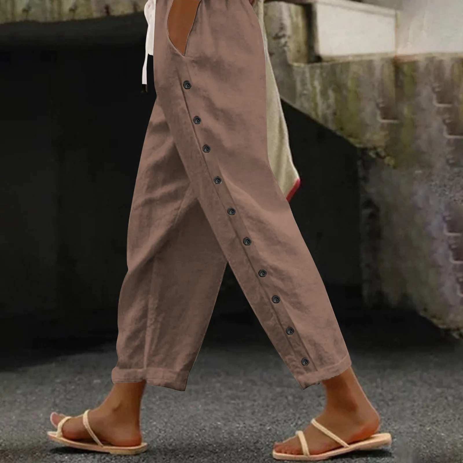 Women Versatile Cropped Pants Summer Casual Vintage Loose Side Button Pants Elastic Waist Wide Leg Trouser Female Fashion Bottom