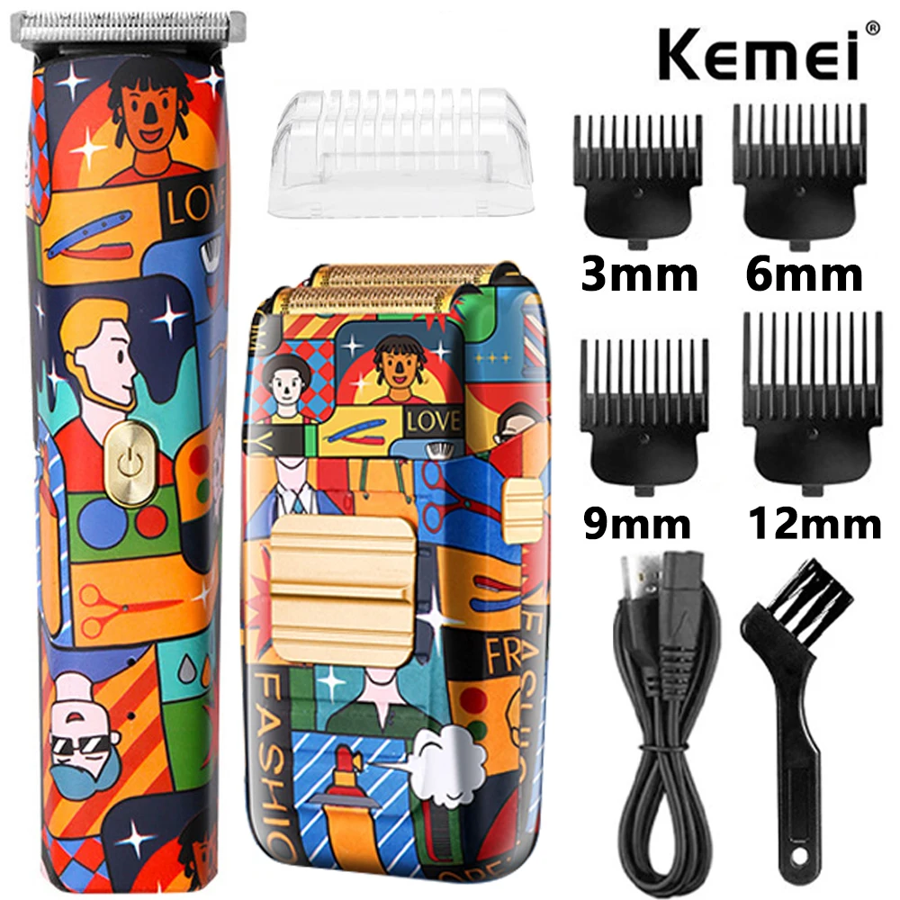 

Kemei Fashion Graffiti Trimmer Men Zero Gapped Professional Hair Clipper Titanium Double Foil Shaver Random Graffiti Pattern