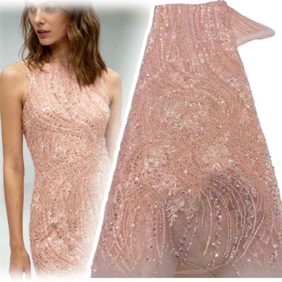 

Hot Sale New High-End Luxury French Embroidery Heavy Beads Lace Fabric African Nigerian with Sequins Fabric for Wedding AH1802