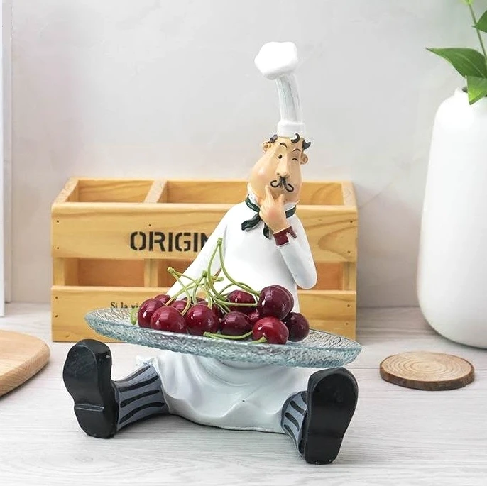 Resin Chef Figurine Candy Plate Decorative Cook Statue Cake Tray Glass Tableware Ornament Gift and Craft Accessories