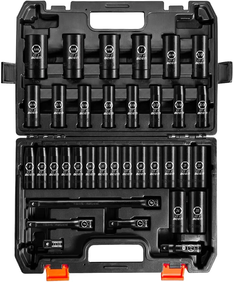 35 Piece 1 2 Drive Deep Impact Socket Set SAE 3 8 1 1 4 Metric 8 24mm Extensions Joint Adapter Cr V Steel Double Lock Case