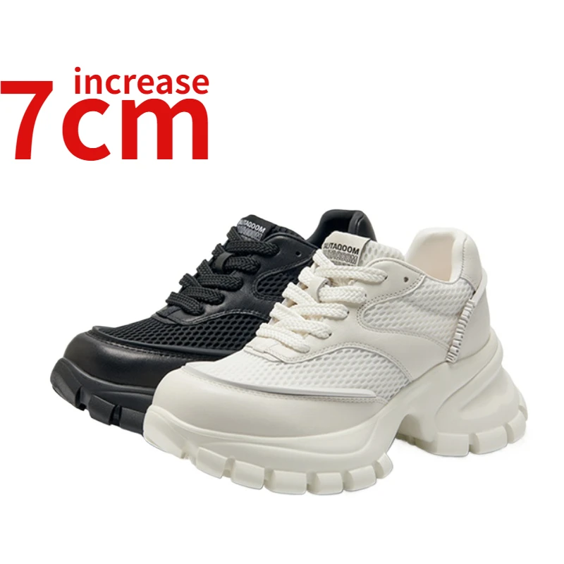 

Genuine Leather and Mesh Dad's Shoes for Women Increased 7cm New Summer Breathable Comfortable Thick Sole Elevated Casual Shoes