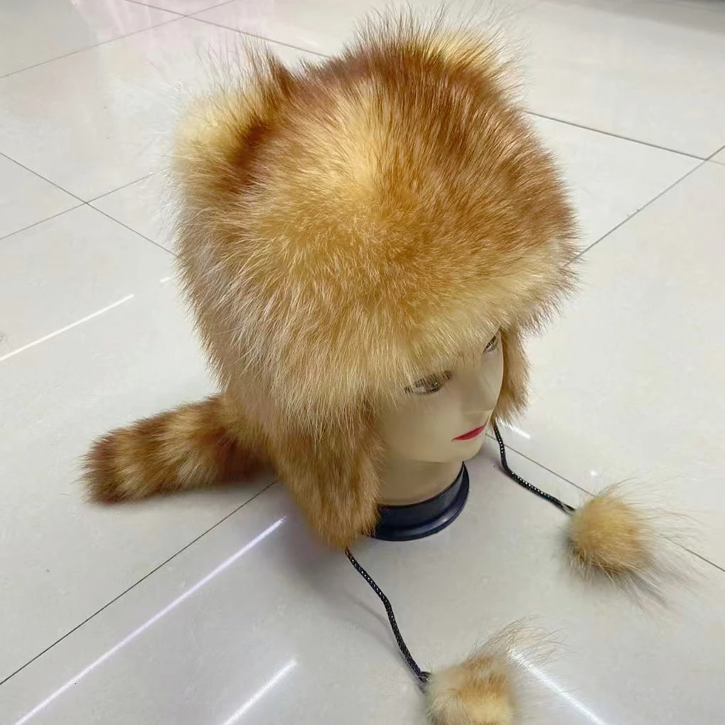 الشتاء الدافئة الفراء قبعة المرأة الذهب منفذها الذيل آذان إيرفلاب الثلوج الباردة قبعة