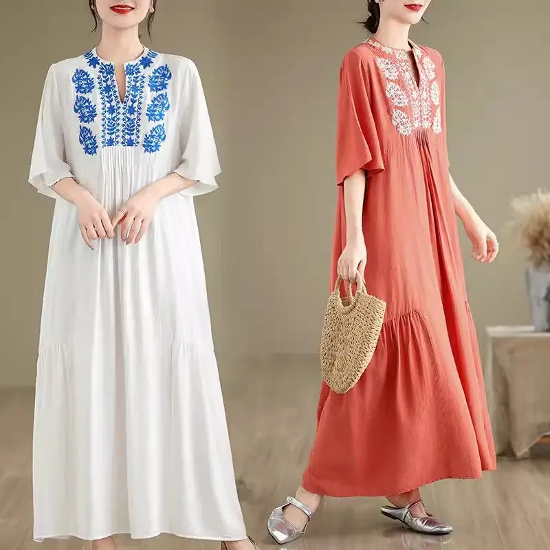 

Ethnic Style Embroidery Dress Artistic Style Loose Oversized Women's Summer Clothing Short Sleeve Casual Dresses K726 ﻿