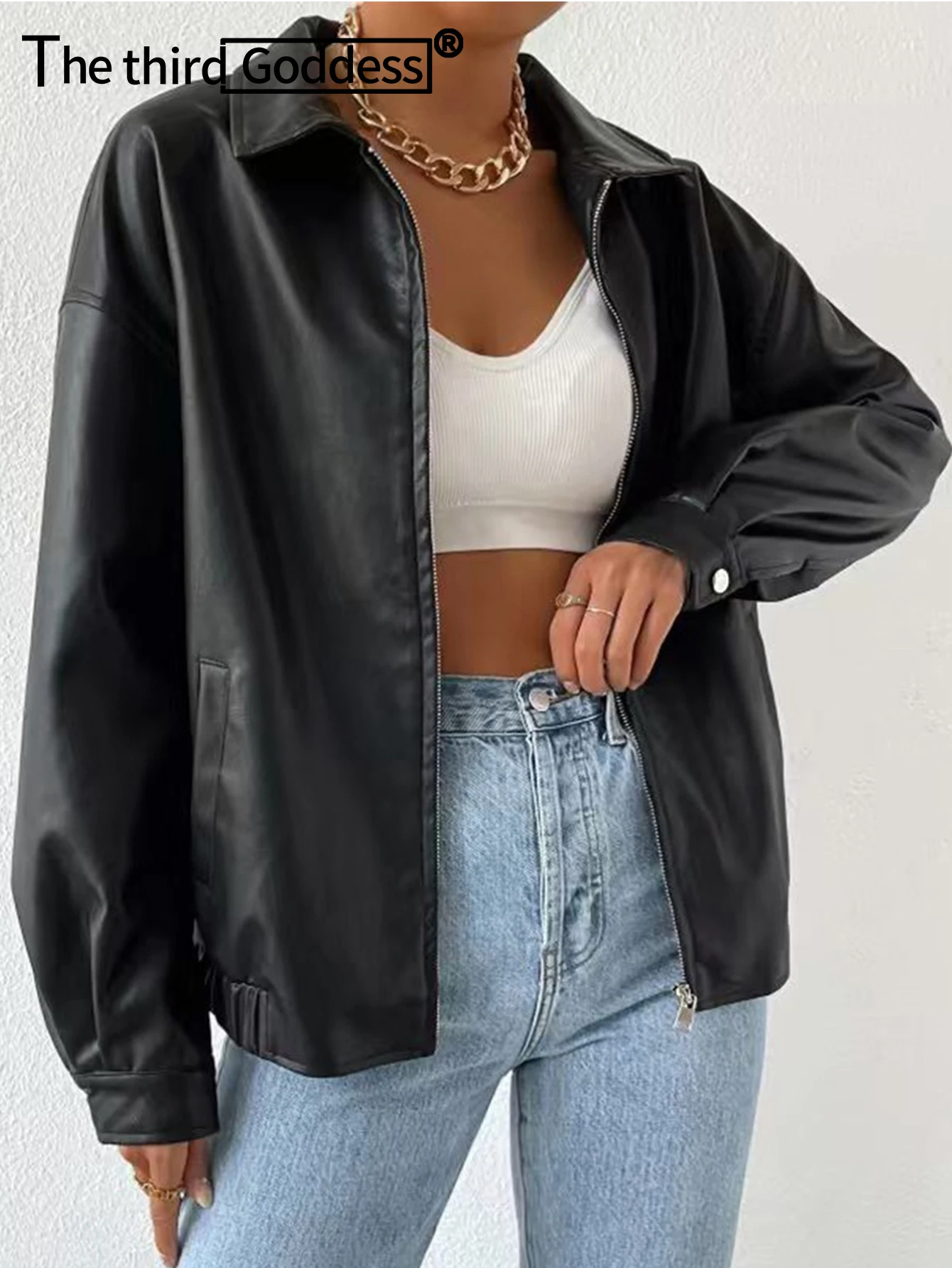 Sexy black PU leather jacket women fall outerwears loose coat jackets for woman long sleeve tops coats gothic fashion streetwear