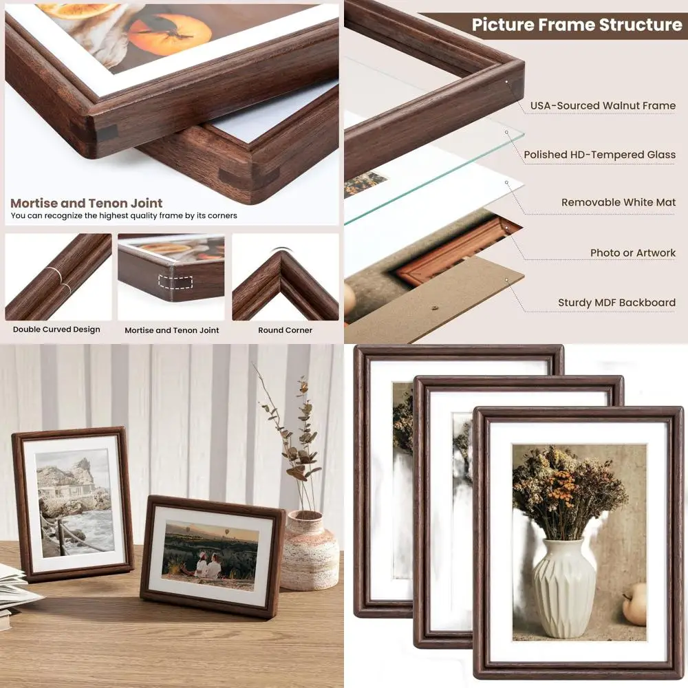 

Набор из 3 фоторамок из натурального орехового дерева 6x8 с вырезами под фото 5x7, с закаленным стеклом, для настенного или настольного использования