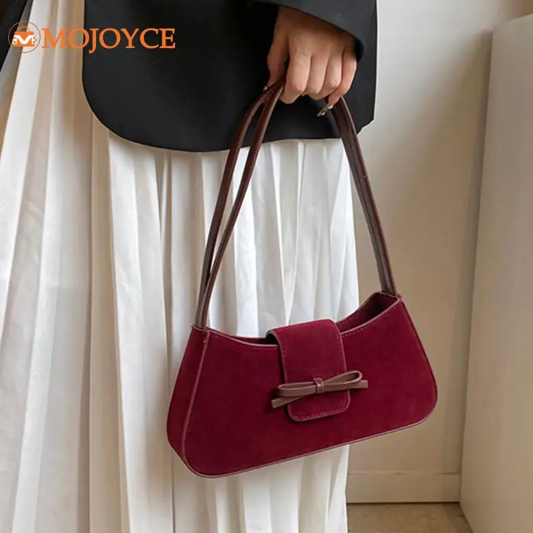 French Brand Women Suede Shoulder Bags High-end Armpit Purse Sweet Bow Chic Hobo Bag Solid Small Handbag Retro Commuter Tote Bag