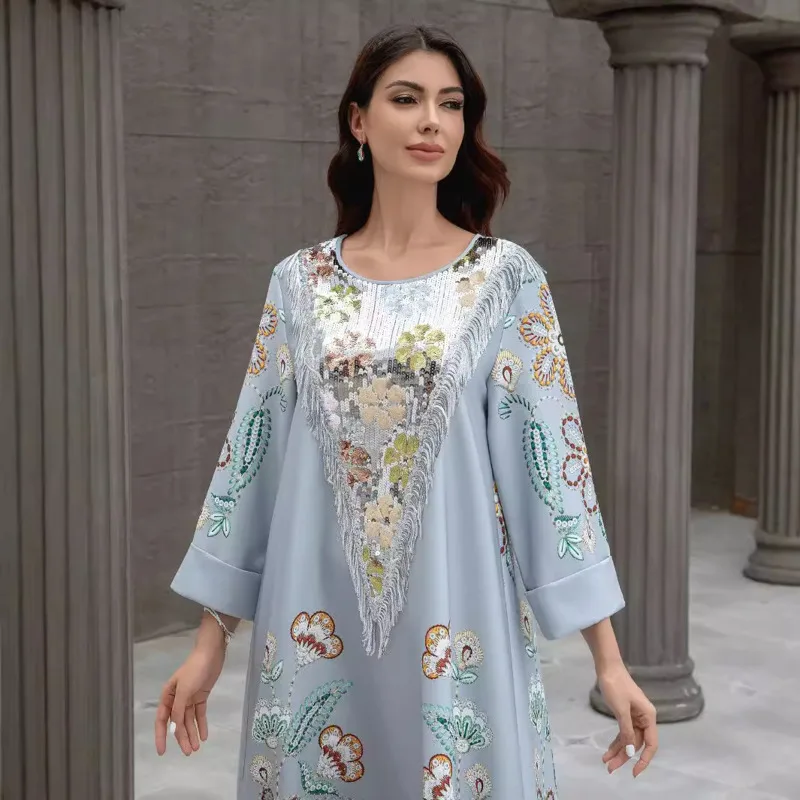 

[Vibe] 2025 New Muslim Embroidery Dress Elegant Women's Long Robe Printed Tassel Hot Stamping Dress All Season