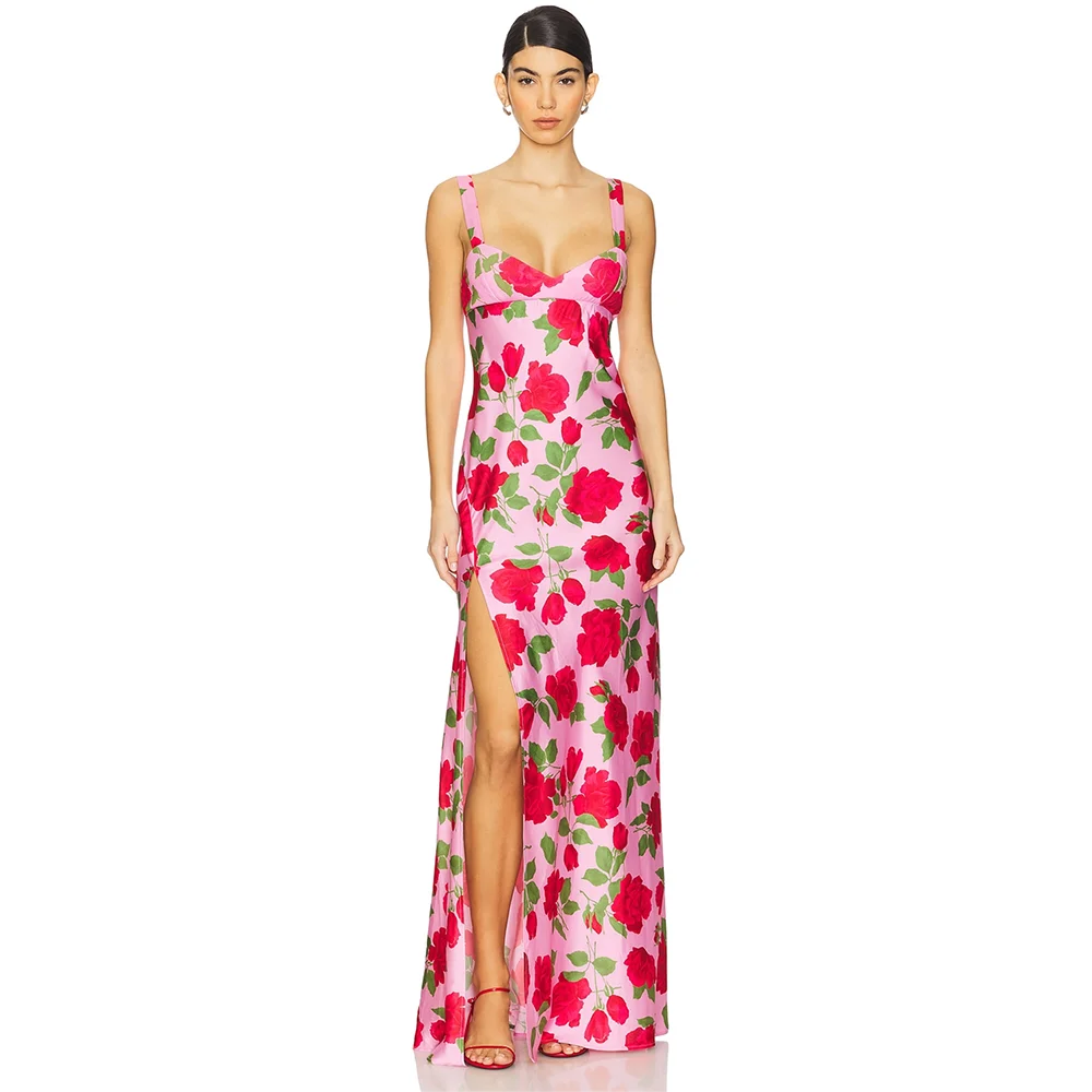 Women's Formal Evening Gowns Floral Print Evening Dresses Elegant Side Split Formal Dress for Women Party Wedding Banquet Gowns