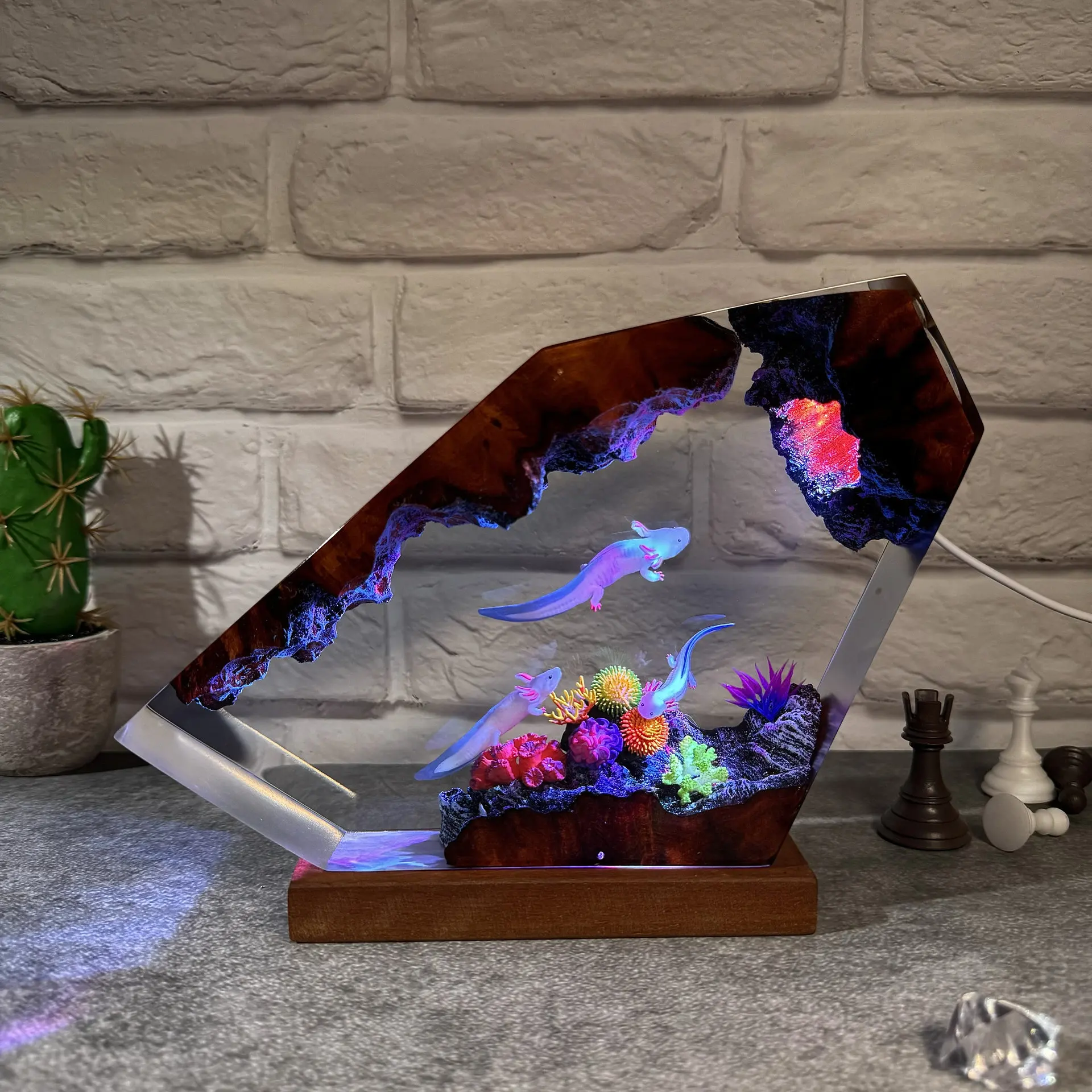 Cute Axolotl Night Light Resin Art Lamp Mexican Salamander LED Handmade Epoxy Figurine Unique Gift for Daughter Kids Room Decor