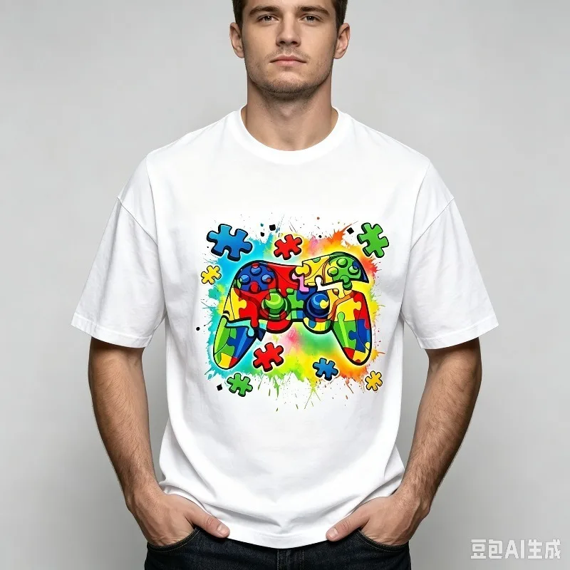 Men’s Colorful Puzzle Game Controller T-Shirt Funny Joystick Print Modal Casual Short Sleeve Tee Gaming Gift Top