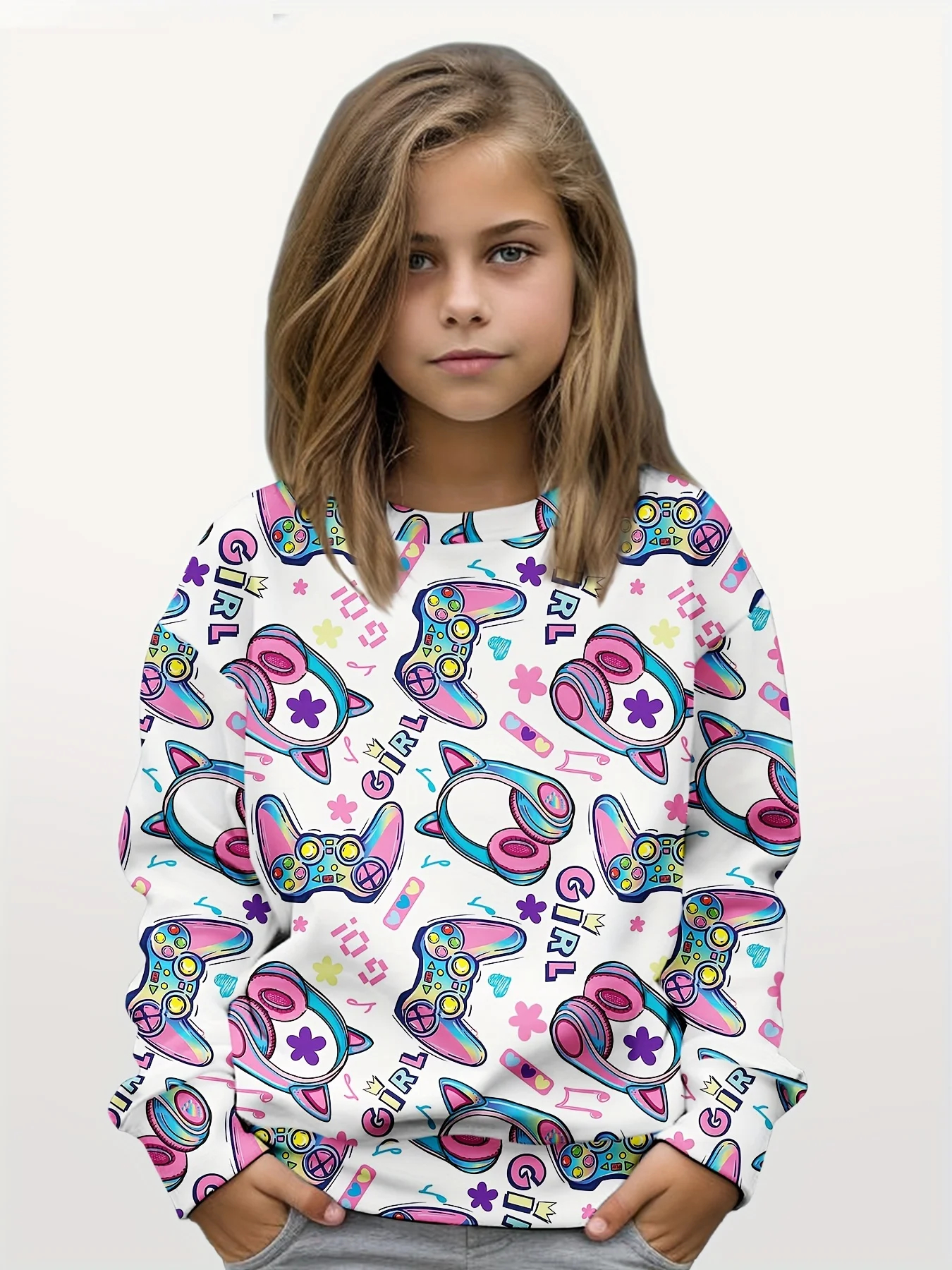 

3D Printing Summer Spring Boys and Girls Game Controller Pattern Fashion Entertainment Versatile Round Neck Sweatshirt