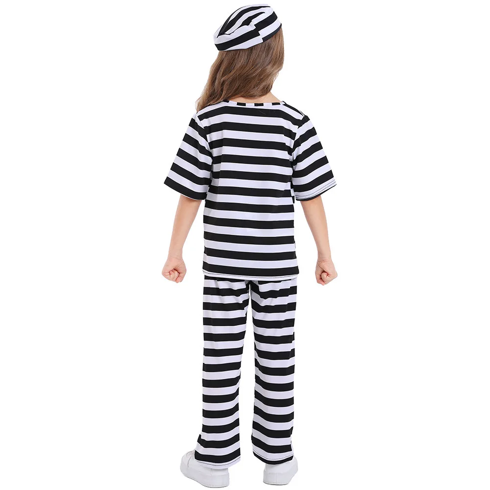 Unisex Kids Children Black White Stripes Prisoner Uniforms Cosplay Girls Halloween Criminal Costumes Carnival Purim Party Dress