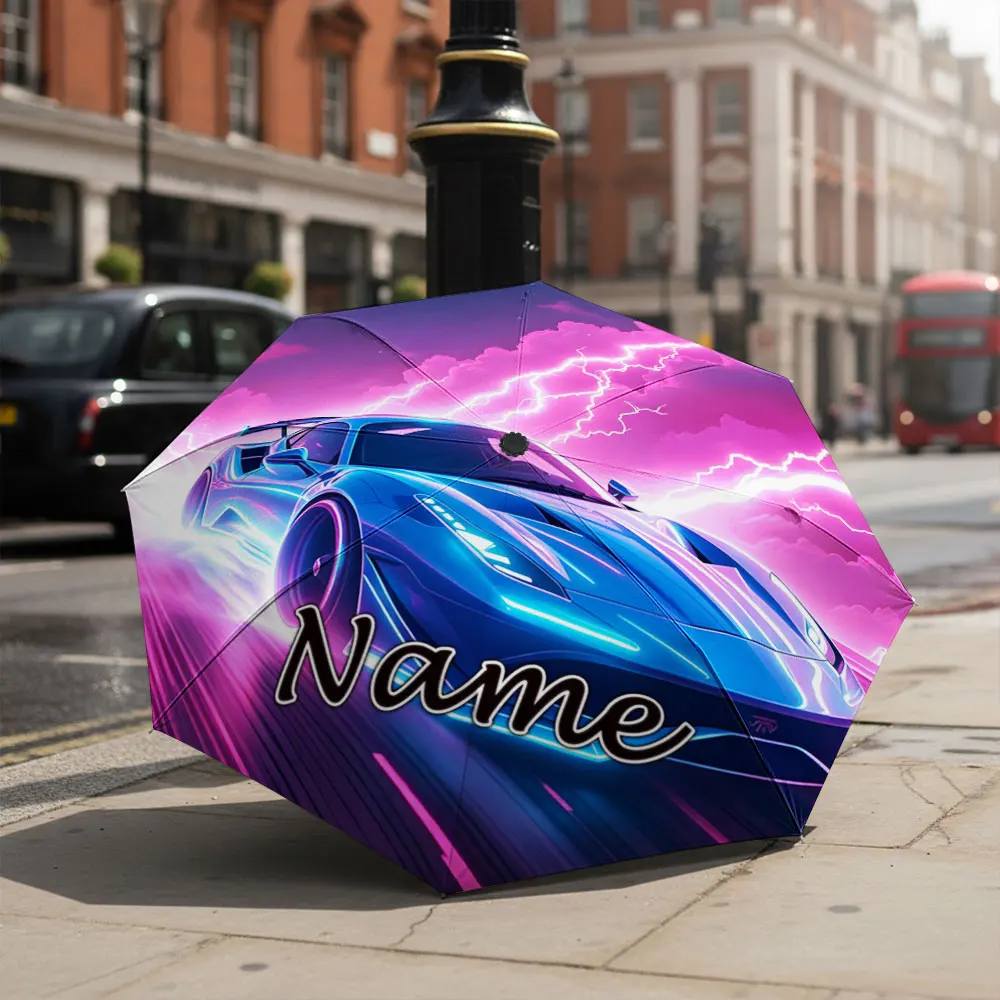 Custom Name Umbrella Neon Blue Sports Car With Pink Lightning Storm Sky Print Folding Umbrella For Racing Car Enthusiasts, Gift