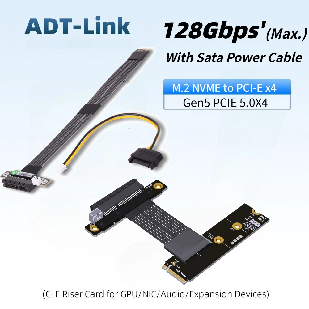 ADT-Link PCIE 5.0 M.2 NVMe to PCIe x4 Extension Adapter Gen5 90 180 Degree Straight High-Speed GPU Riser Cable for Graphics Card