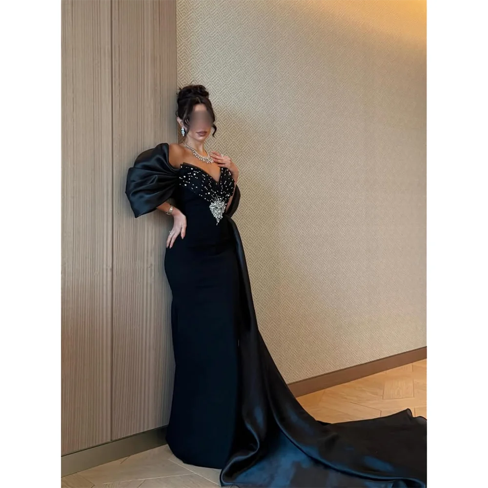 فستان أسود للحفلات الراقصة بدون أكتاف على شكل حرف v كريستال حورية البحر فستان حفلات شق بدون ظهر ثنيات من الساتان سويب تراين فستان سهرة مخصص #1